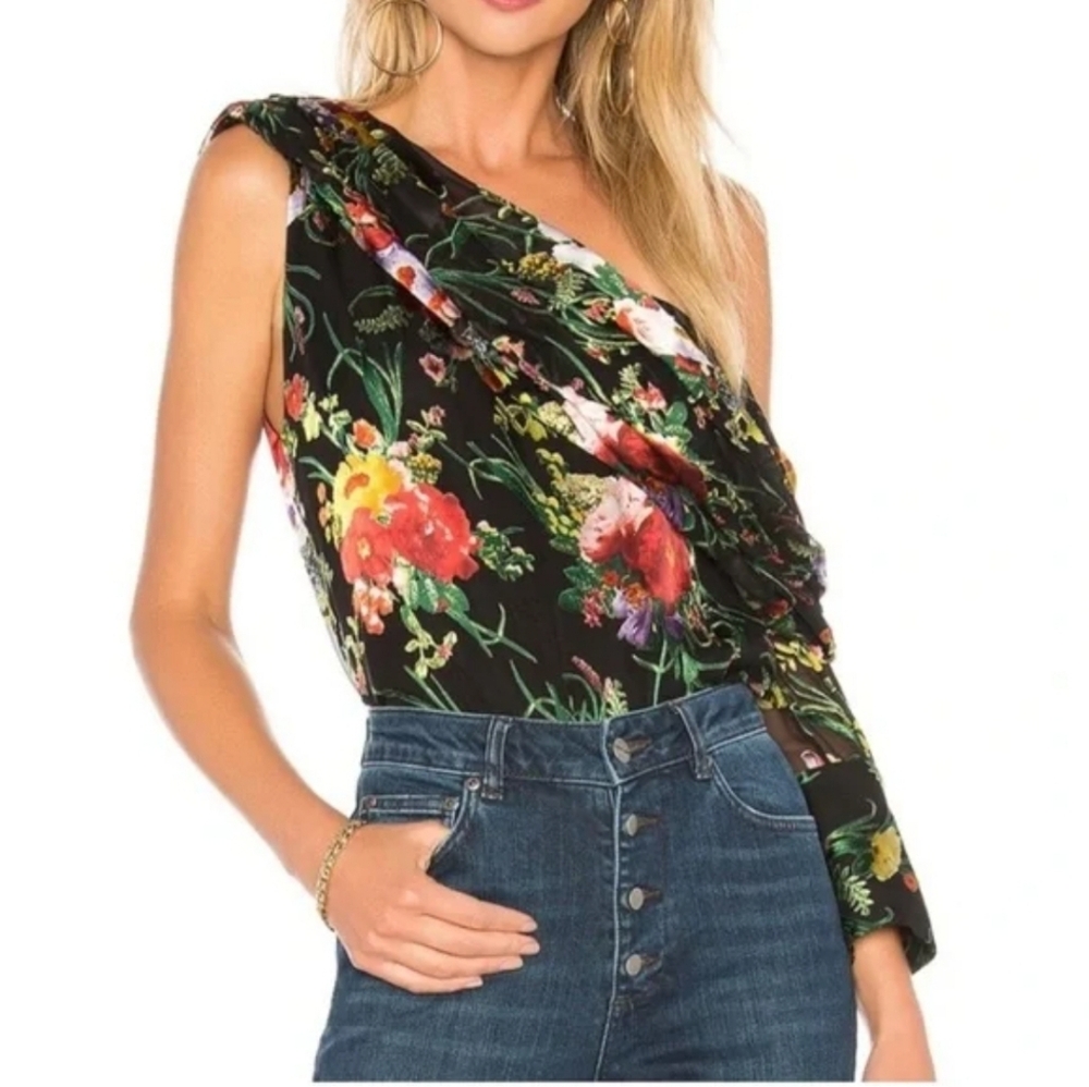 Alice + Olivia Serita Drape Top in Blooming Bouquet Floral One Shoulder Blouse